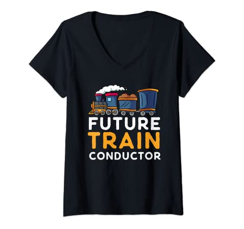 Womens Steam Engine Gift for Toddlers Kids Future Train Conductor V-Neck T-Shirt, Black