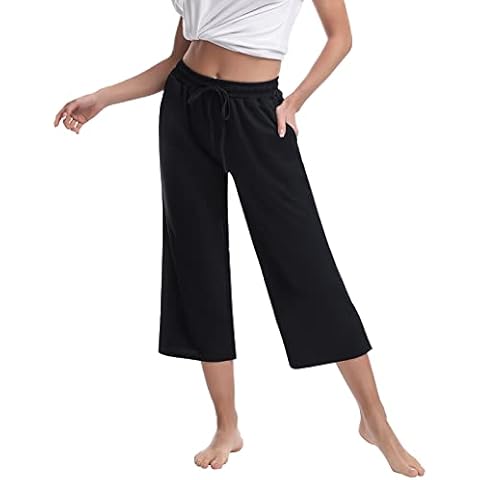 JOJOANS Black Wide Leg Trousers for Women - 3/4 Length Ladies Cropped Trousers, Lounge Loose Drawstring Joggers Pants, Casual Fit Tracksuit Bottoms with Side Pockets for Yoga Running Fitness, M Cover