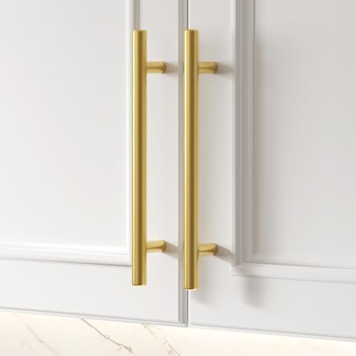 goldenwarm Brushed Brass Cabinet Cupboard Drawer Door Handle Pull Knob for Furniture Kitchen Hardware 10in Hole Center 12-3/5in Overall Length, 2 Pack