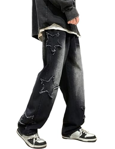 Mens Y2k Jeans Aesthetic Baggy Hip Hop Star Pants Grunge Loose Denim Jogger Y2k Fashion Streetwear
