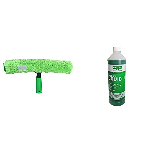 UNGER 79020 MicroStrip Window Washer Sleeve 35cm with ErgoTec T-bar Handle, Green & FR100 Window Cleaning Liquid Soap - Smear Free Window Glass Cleaner 1L