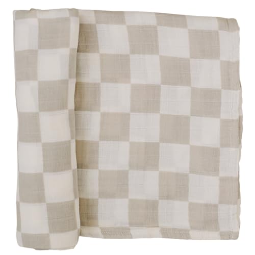 Image of Mebie Baby Taupe Checkered Muslin Swaddle, Modern and Neutral Swaddle Blanket for Baby Girl or Boy, Soft Baby Blankets, Newborn Swaddle Blanket, 0-3 Month, Comfy Wrap, Baby Essentials & Gifts