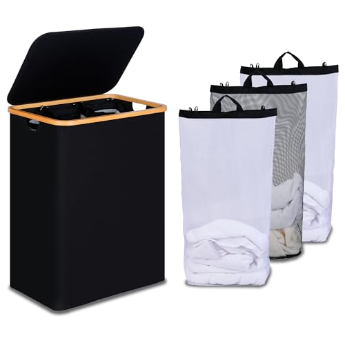 Image of efluky Laundry Hamper with Lid, Trio Laundry Basket with 2 Removable Bags, 3 Section Laundry Bin with Bamboo Handles for Bathroom, Bedroom & Laundry Room, 160L (42.3 Gallon) Black