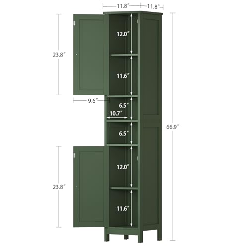 Image of TEENFON 67 inch Tall Bathroom Cabinet with Adjustable Shelves and Doors, Narrow Bathroom Storage Cabinet for Small Space, Living Room, Entryway, Kitchen, Green