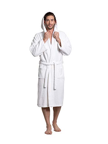 Turkuoise Men's Turkish Terry Cloth Robe, Thick Hooded Bathrobe (White, Large) #TOP1