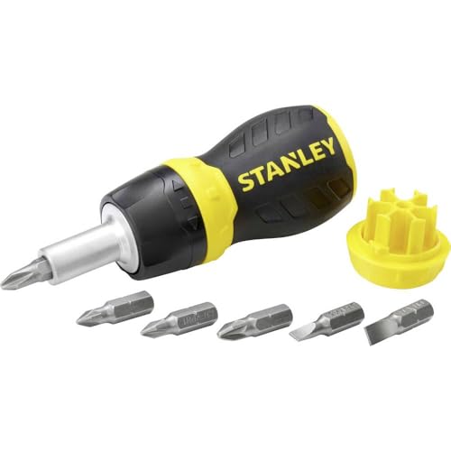 Image of STANLEY 0-66-358 Multi-Bit Stubby Ratcheting Screwdriver, Comes with 6 Screwdriver Bits (PH1-PH2, PZ1-PZ2, Flared 4.5-6 mm), Magnetic Tip, Internal Bit Storage, Bi-Material Handle, Black & Yellow