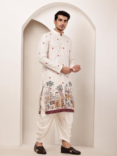 Buy Men's Cotton Blend Chickenkari Kurta, Regular Fit, Full Sleeve - Image 4