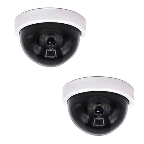 Trimming Shop Paquete de 2 cámaras CCTV simuladas con luz LED intermitente realista, cámaras CCTV de señuelo de seguridad falsas para vigilancia no funcional en exteriores/interiores para el hogar,