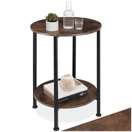 Tectake Mesa Auxiliar Redonda Con 2 Estantes, Mesa Auxiliar Salon, Mesita Auxiliar, Mesa Pequeña, Mesa De Centro, Decoracion Hogar, Muebles - 45 X 45 X 64 Cm Madera Industrial Oscura, Rústica