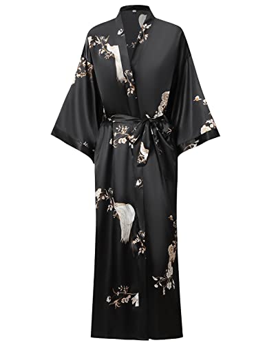 V Vaborous Women's Floral Long Silk Robes Soft Long Satin Robes Floral Kimono Robe Long Bridal Robe Sleepwear, Black, S/M