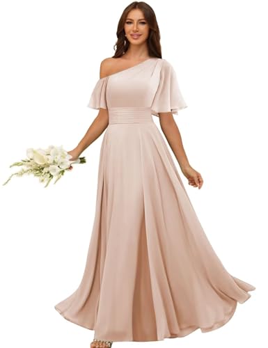 ZHCHUI Blush Pink Stylish Chiffon Bridesmaid Dresses with Sleeves Pleated