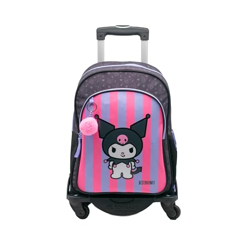 TOYBAGS Sac à Dos Scolaire Kuromi - Double Compartiment - avec Accessoire Pom-Pom - Adaptable + Chariot Noir Protection latérale et Stopper Avant Anti-Chute 4 Roues pivotantes - 44 x 30 x 20 cm