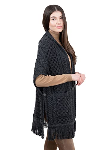 Image of SAOL 100% Merino Wool Shawl /Poncho Sweater /Open Cardigan /Wool Cape with Pockets with Fringe Trim and Trinity Knot Button