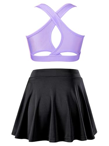 Kids Girls Plain Crop Top & Skater Skirt Set Tennis Golf Outfit 2 Piece Sport Training Tacksuit Set Activewear Lavender&Black 8 Years2