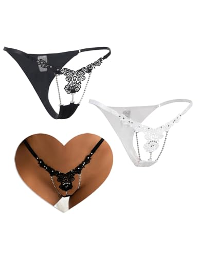 comeondear Seksowne stringi damskie ze strasami Mini String Regulowany Talia Przezroczyste Niskie Stringi Niskie Thong Z Haftem Plus Rozmiar Seksowna Bielizna Bielizna Opakowanie 1/2, 2-czarny+biały
