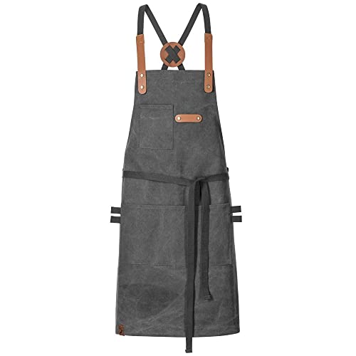 EXNER Grill- & Latzschürze aus 100% Baumwolle – Robuste Canvas-Schürze mit Taschen & Kreuzbindung – Arbeits- & Kochschürze für BBQ, Küche & Handwerk, Farbe graphit