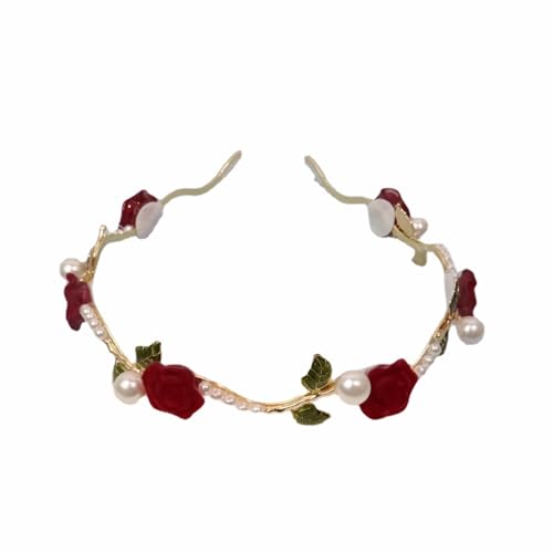 Pearl Rose Flower Headband 1920s French Vintage Camellia Hair Hoop 1920s Leaf hair Band Headpiece Accessories for Women Girls (Red) - Image 2