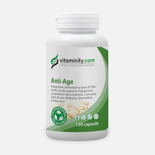 Vitaminity Anti-Age, Integratore Alimentare Antiossidante, Contrasta i Radicali Liberi e l'Invecchiamento Cellulare, a base di the verde, curcuma e cardo mariano - Formato da 120 Capsule