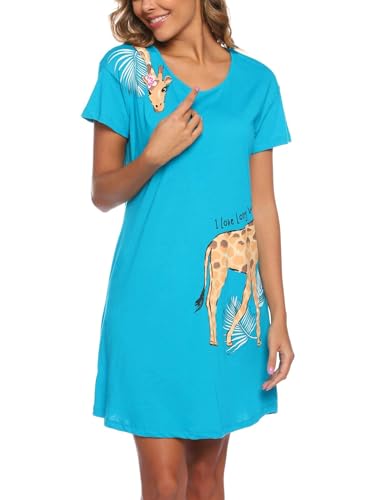 Image of ENJOYNIGHT Womens Cotton Nightgown Short Sleeve Sleepshirt Print Nightshirt | Short-Sleeve Crew Neck, Soft Cotton Fabric, Cartoon Printed Sleep Shirt, Loose Fit