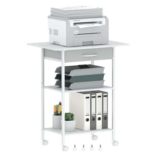 Arbuxzuy 3-Tier Printer Stand Printer Table with Fabric Drawer Industrial Printer Storage Cart with Wheels Rolling Printer Stand for Heat Press Scanner Fax White