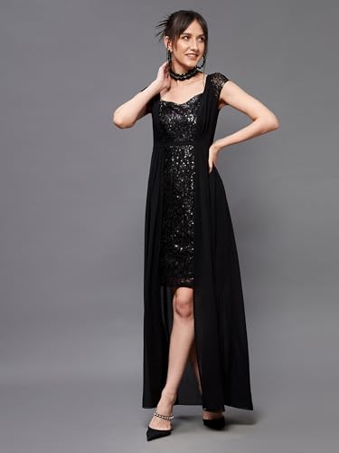 Image of Miss Chase Women's Round Neck Sleeve Embellished Fit Flare Maxi Dress