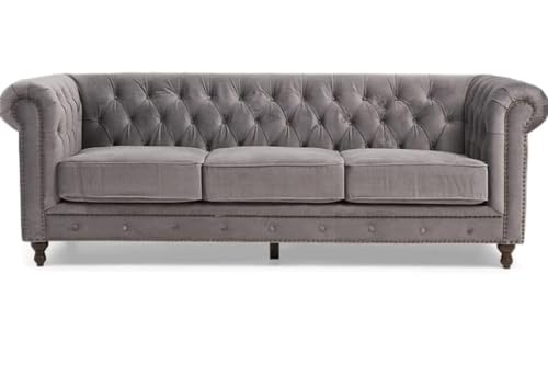 Image of Modern and Stylish 3 Seater Chesterfield Luxury Sofa with Valvet and Fabric Comfortable Sofa for Living Room, Dining Room, Hallway, and Office-(Grey).