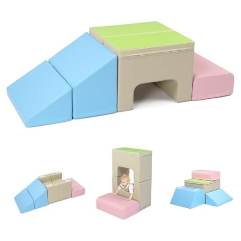 JOYMOR 4-Piece PU Leather Soft Play Foam Climbing Blocks for Toddlers, Foldable Tunnel Set Cimbing Toys for Toddlers 1-3 Inside for Kids' Physical Coordination, Visual Stimulation (Macaron Color) Cover