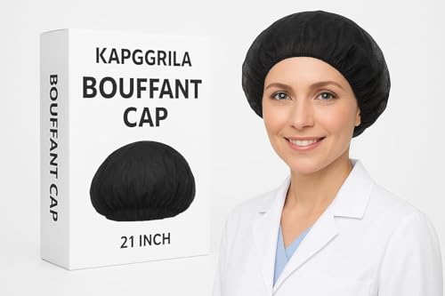 Image of KAUSTA Disposable Bouffant caps /Surgical Caps /Cooking Caps /Surgical Head Caps /Non Woven Head Caps, Pack Of 100pcs (18 inch) Medical Use Disposable Bouffant Caps Stretchable Hair Cover / Hair Net (Black)