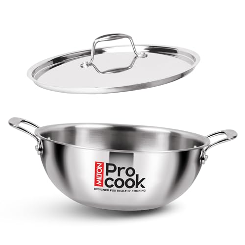Image of Milton Pro Cook Induction Cookware & Gas Stove Friendly Triply Stainless Steel Kadhai with Lid 36 cm /9.8 Litre | 3-Layer Thick Base | Even Heat | Less Oil Healthy Cooking | Deep Fry | 3Y Warranty