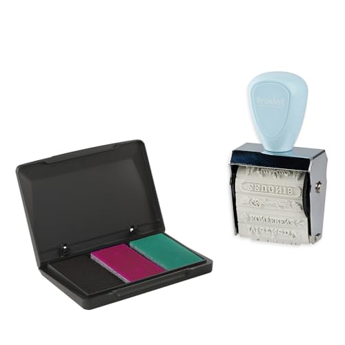 Trodat Creative - Set di mini timbri per la scuola, 12 stampe, in tedesco, con timbro creativo, colore blu pastello, con tampone per timbri in rosa, nero, verde, 30 x 5 mm