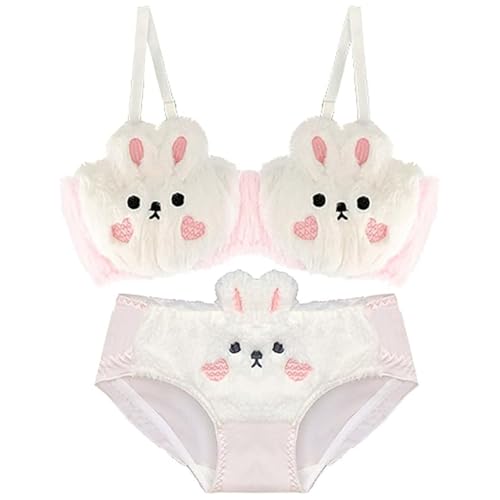 Image of Premium Cute Bunny Plush Bra & Panty Lingerie Set for Women - Imported Soft Fuzzy Rabbit Cartoon Innerwear, Sexy Cozy Teddy Fur Bunny Cosplay Lingerie for Honeymoon Romantic Date