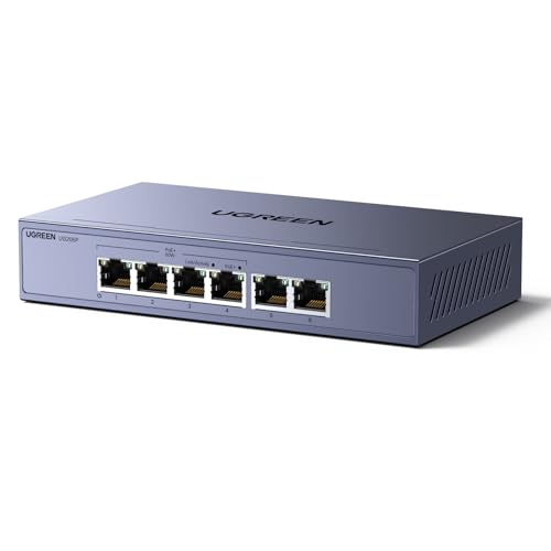 UGREEN Ethernet Switch, 6 Port PoE Switch, 4 PoE+@60W and 2 Gigabit Uplink, Plug & Play, Auto/VLAN/Extend Mode, Sturdy Metal, Desktop or Wall Mount Network Splitter Hub for Security Camera, 