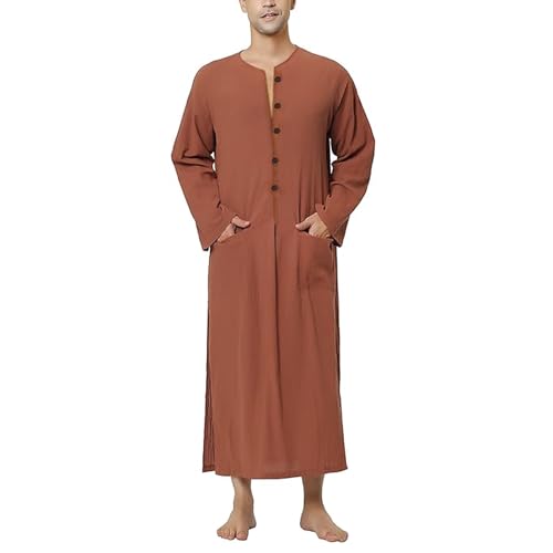 Mens Kaftan Robe Long Sleeve Muslim Thobe Robe Abaya for Men Muslim Dress Dubai Saudi Arab Kaftan Thobe with Pockets