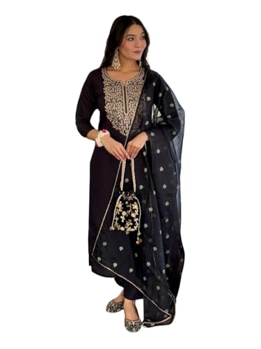 Image of Naixa Women's Viscose Embroidered Straight Kurta with Pant and Dupatta Sets (Available in Plus Size) (NX-674)
