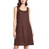 Amazhiyu Vestido de verano para mujer, 100 % lino, cuello redondo, casual, sin mangas, de lino, vestido midi, marrón, M