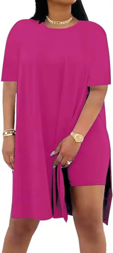 Image of AXOSY Women Plus Size 2 Piece Outfits Short Sleeve Tunic Tops and Skinny Biker Shorts Sets Tracksuits