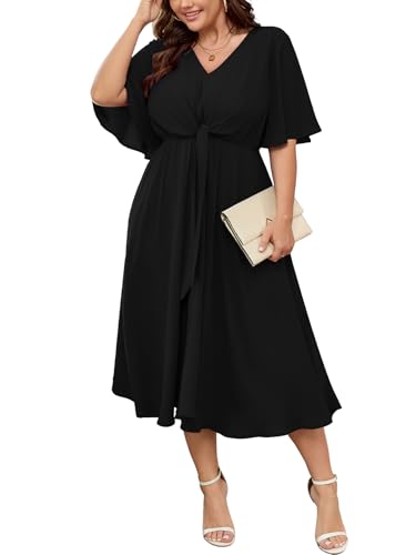 SCOMCHIC Women Plus Size Midi Dresses Wedding Guest Short Sleeve V Neck Tie Waist Casual Summer Flowy A Line Dress