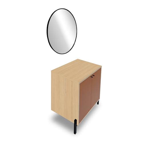 Demeyere - Mueble bajo de baño con Espejo Luminoso, antiniebla, 2 Puertas y 1 Estante Moderno de Madera, Color Terracota y Roble Vincenza - 69,2 x 78,2 x 49,8 cm