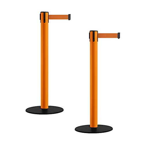 CCW Set of 2 Retractable Belt Barrier Stanchion, Low Profile Base, Orange Post (16 Foot Belt, Orange Belt)