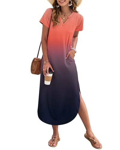 Image of MISFAY Women's Summer Maxi Dress 2026 Casual Short Sleeves V Neck Loose Sundress Split Long Beach T Shirt Dress