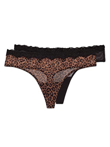 Smart & Sexy Women's Lace Trim & Mesh Panty 2 Packs Sexy Thongs & Cheeky Bikinis, Classic Leopard/Black Hue Thong, 8 #TOP9