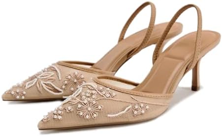 Lymphvity Women's Mesh Embroidered Slingback Heels with Bead Elegant Backless Kitten Heels Pointed Toe Wedding Bridal Dress Pumps Shoes