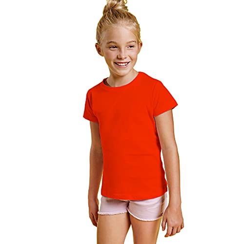 Camiseta de Colores Manga Corta 100% Algodón para Niñas - Camiseta Entallada, Cuello Redondo, cómoda, Suave, Lisa y Elegante (Rojo, 7/8)