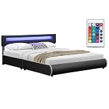 Juskys Cama tapizada Sevilla 180 x 200 cm - Cama Doble con colchón, somier e iluminación led - Madera y Cuero Artificial - Negro - Cama de Matrimonio Cama Kingsize