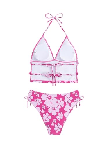 Floerns Women's Tankinis 2 Piece Floral Print Halter Tie Back Crop Top and Bottoms Bikini Set2