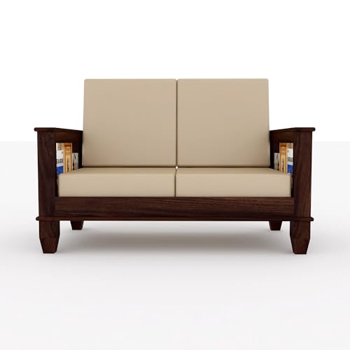 Image of Solid Sheesham Wooden 2 Seater Sofa Set for Living Room | Two Seater Sofa Set with Side Pocket Storage & Cushion | Rosewood Sofa Set for Home