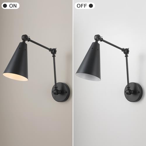 Image of MWZ Black Swing Arm Wireless Rechargeable Sconces Set of 2,Battery Operated Dimmable 3 Color Cordless Wall Lamp with Remote,Indoor Wall Mounted Light Fixture with Cone Metal Shade for Bedside