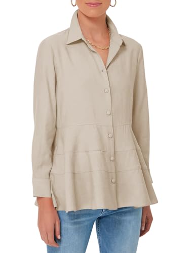 Cicy Bell Women's Button Down Shirts Collared V Neck Long Sleeve Peplum Tiered Blouse Tops
