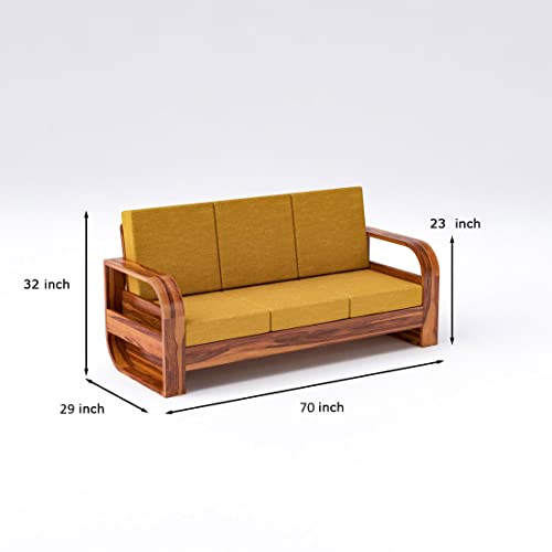 Image of Douceur Furnitures Solid Sheesham Wood 3 Seater Sofas | Three Seater Sofa for Living Room, Cafe, Office | (Honey Teak Cushion Mustard Yellow)