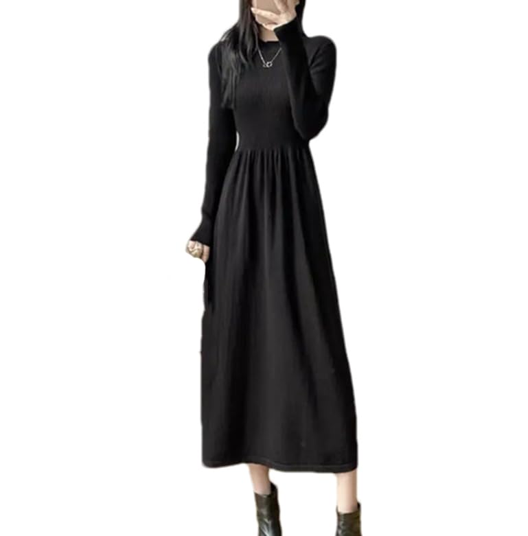 Vestido de punto simple casual ajustado para mujer, cuello redondo, manga larga, acampanado, vestido largo
